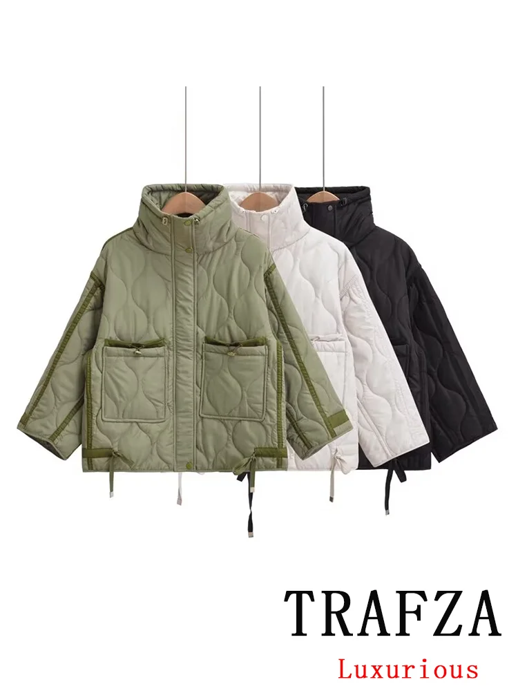 TRAFZA-Casacos grossos de gola alta para mulheres, outwear casual vintage, jaquetas grandes, bolsos, zíper, nova moda, outono e inverno 2022