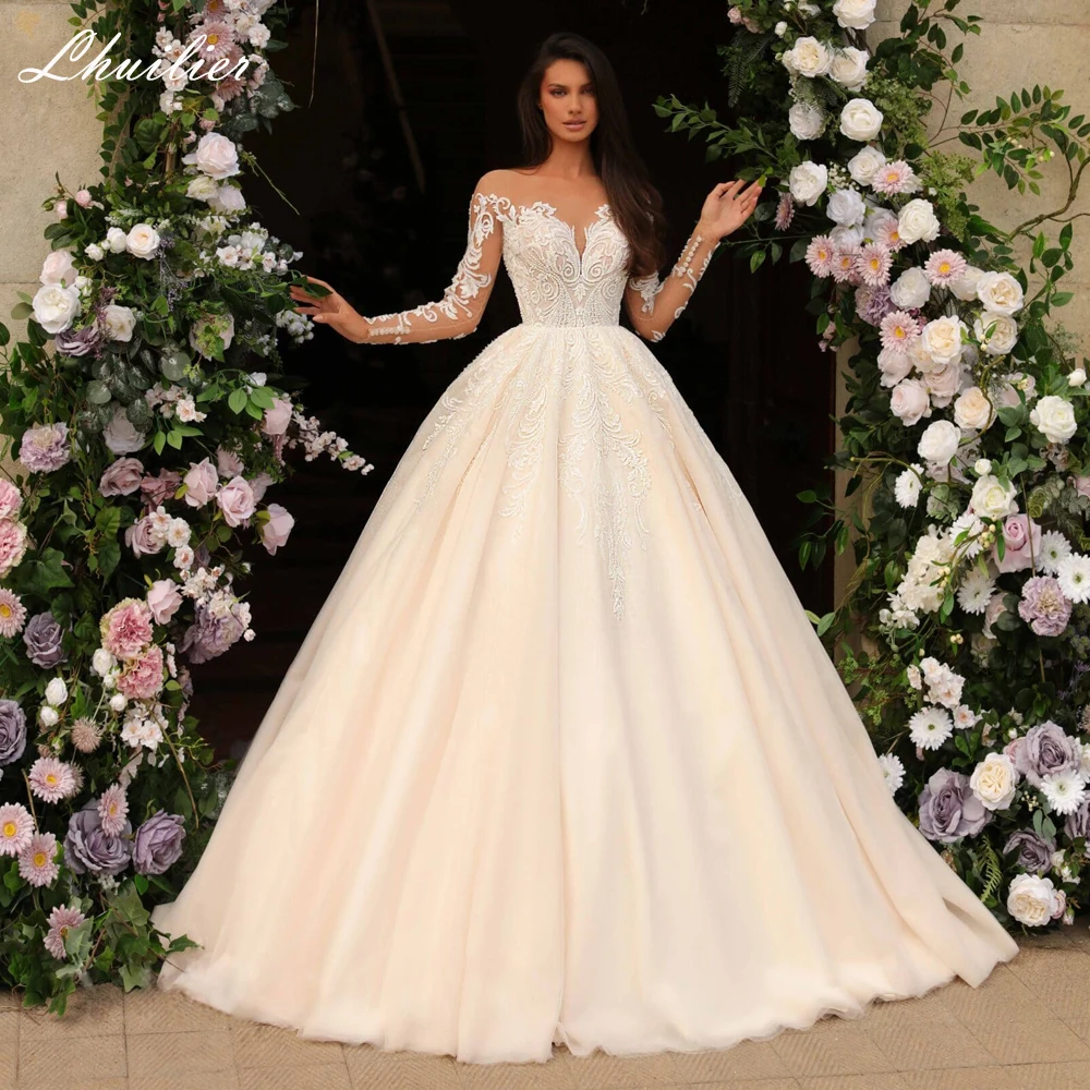 Lhuilier Scoop Neck Ball Gown Lace Wedding Dresses Floor Length Full Sleeves Beaded Bridal Gowns with Court Train