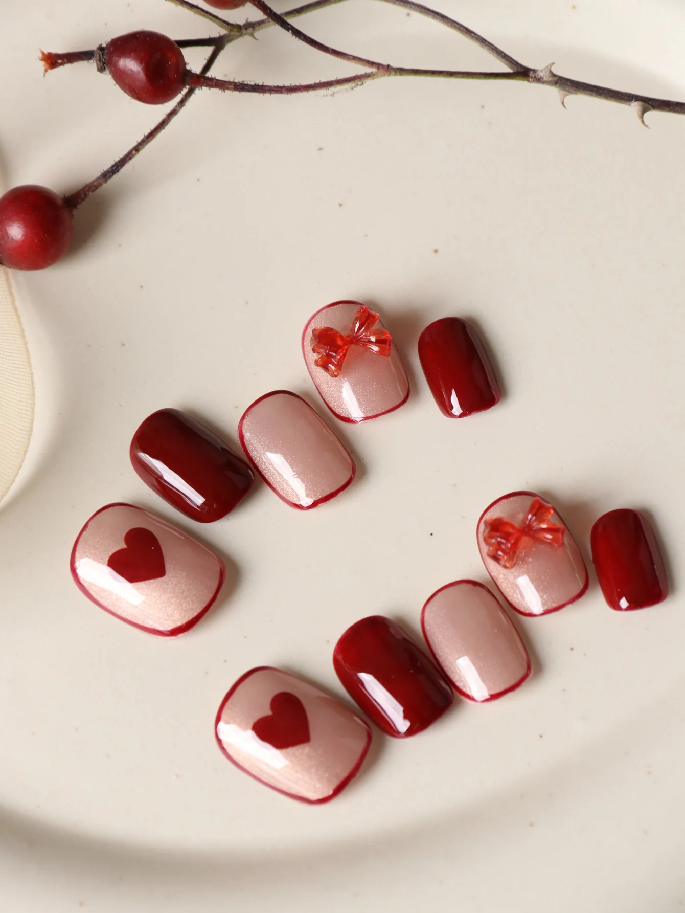 10Pcs Press on Nails Short Red Love Bow Press on Fake Nails Includes 1 Sheet of Adhesive Tabs & 1 Pc Mini File