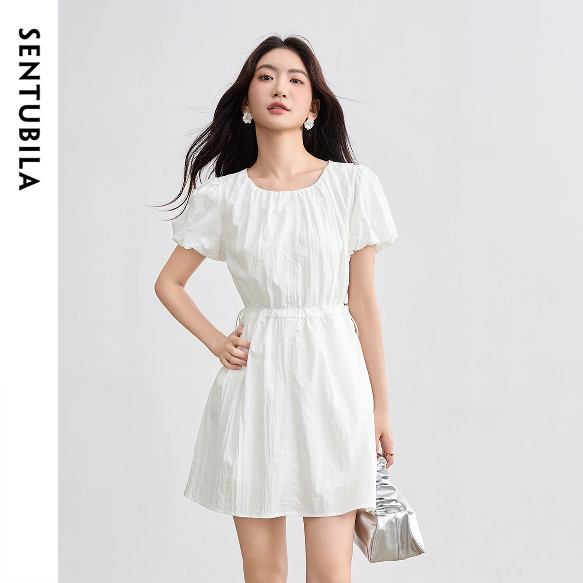 

SENTUBILA Women's Summer Dress 2025 Puff Sleeve Pinching Waist Drawstring Thin Short Dresses Adjustable Fit Commute W52LK2206