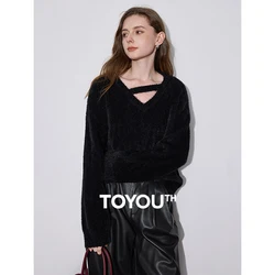 TOYOUTH Women Sweater 2024 Autumn Winter New Off Shoulder V-neck Soft Fake Fur Long Sleeve Knitted Pullver Tops