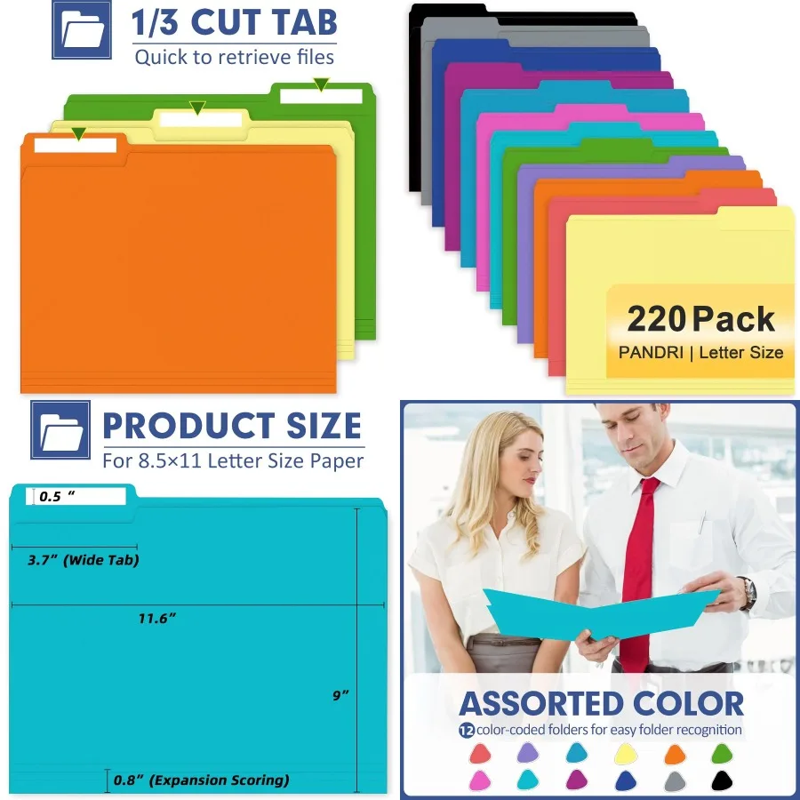 

File Folder PANDRI 220 Pack Colored File Folder 1/3 Cut Tab Letter Size Assorted 12 Colors Filing Folder for Office School Busi