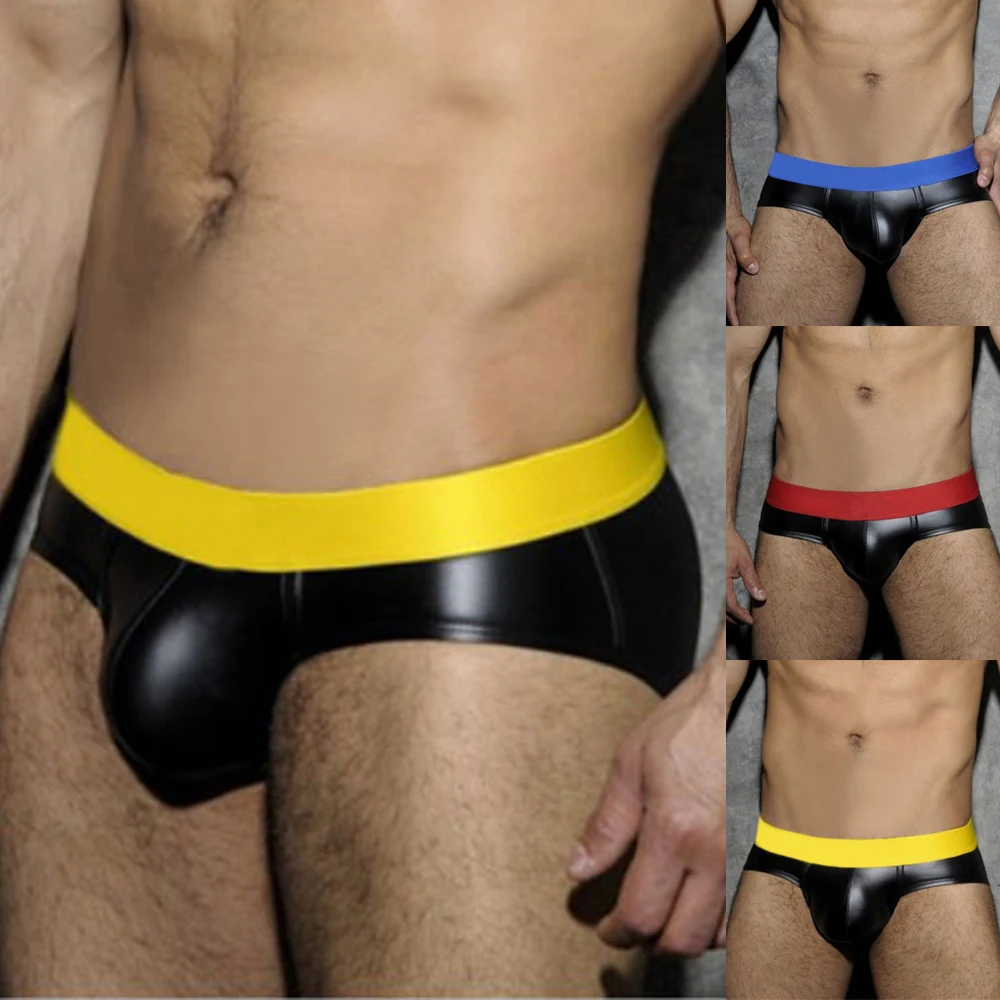 Bragas para hombre, calzoncillos de piel sintética, suspensorio, Tanga, bolsa elástica Sissy, lencería, ropa interior Sexy para hombre, calzoncillos negros de cintura baja