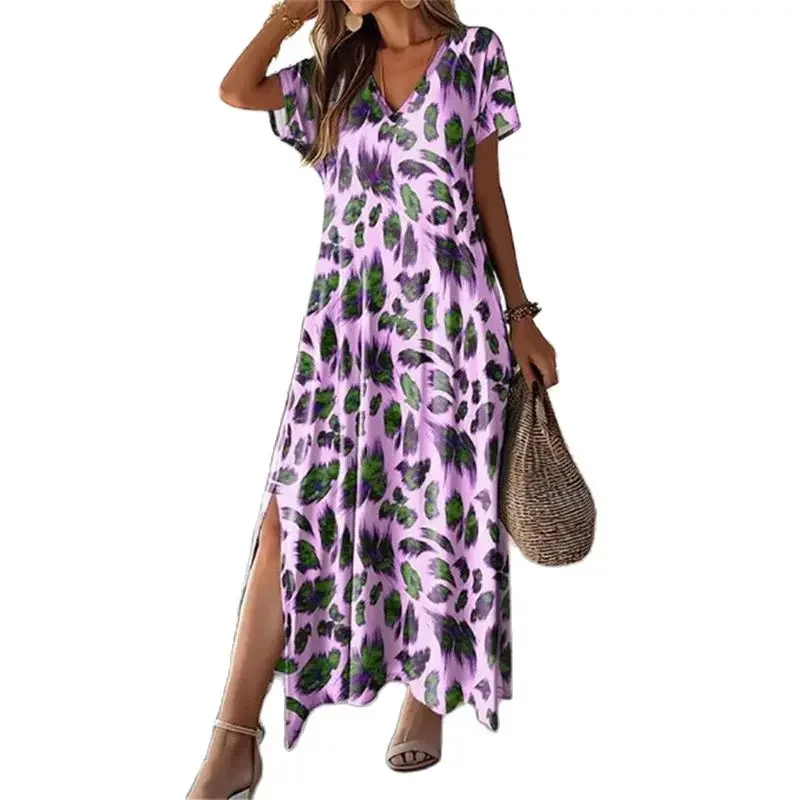 Elegant Botanical Flower Print Dresses Women Commuter Split Hem Dress V Neck Pullover Short Sleeve Gown Female Casual Streetwear