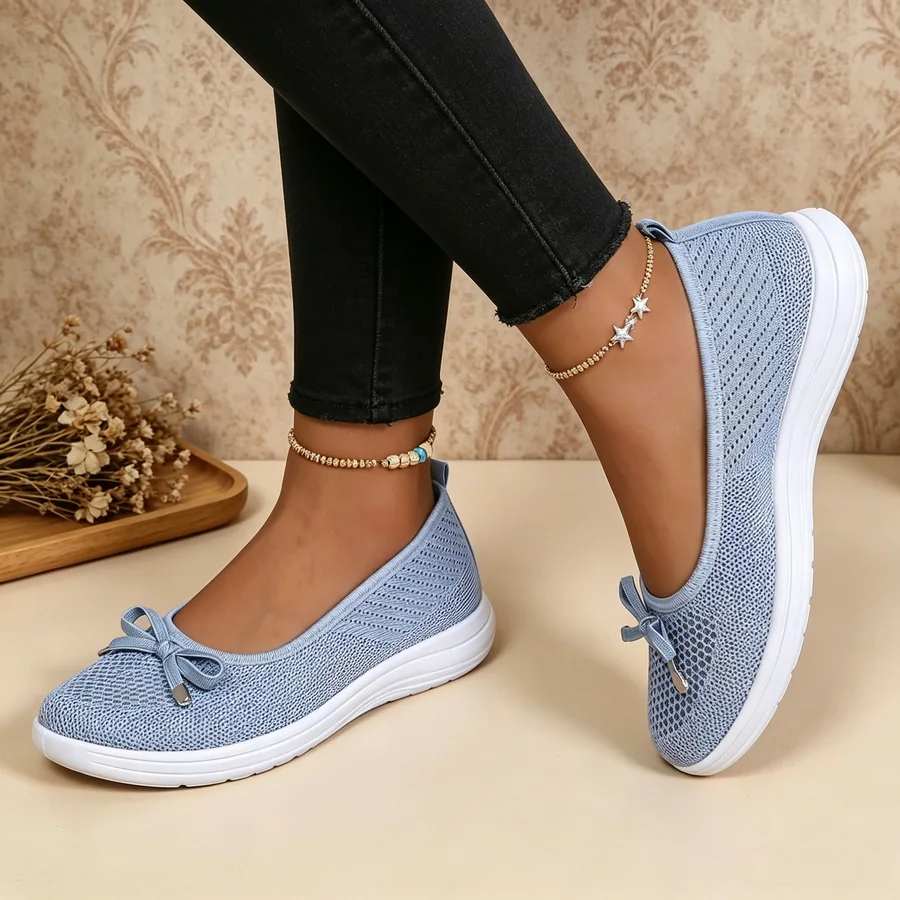 Senior Friendly Knit Mesh Ballet Flats Women's Bow Accent Lightweight Shoes Big Size 42 Woman Breathable Everyday Slip On Shoes