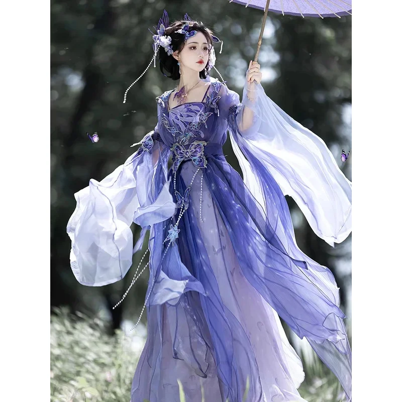 

Chinese female Hanfu dress retro heavy industry embroidery butterfly big sleeve shirt cosplay fairy dance sweet cute set