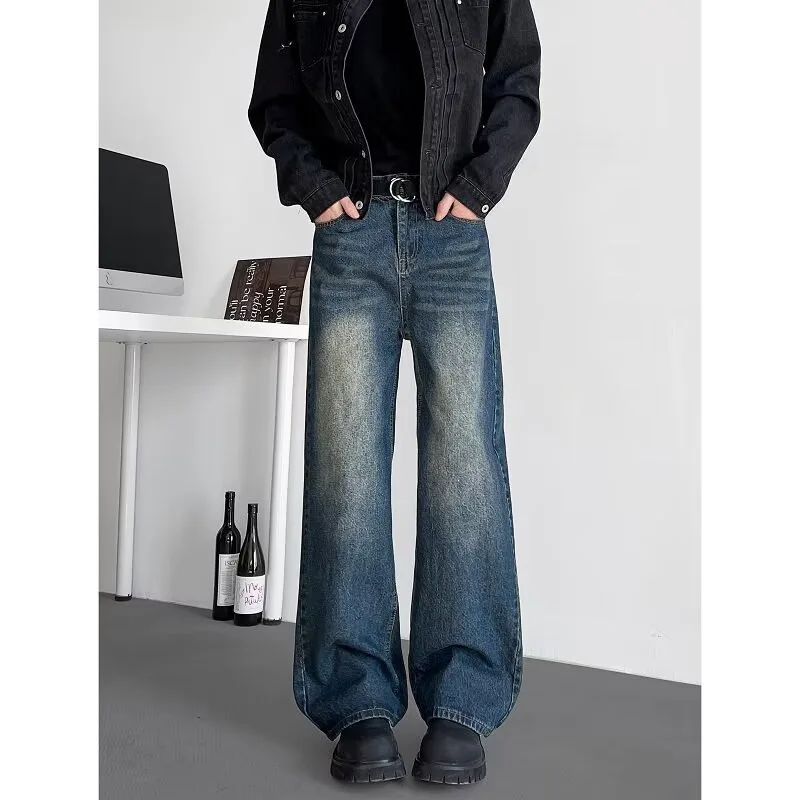 Men Vintage Washed Wide Leg Jeans High Waist Loose Baggy Denim Pants Heavy Drape Lazy American Streetwear Casual Long Trousers