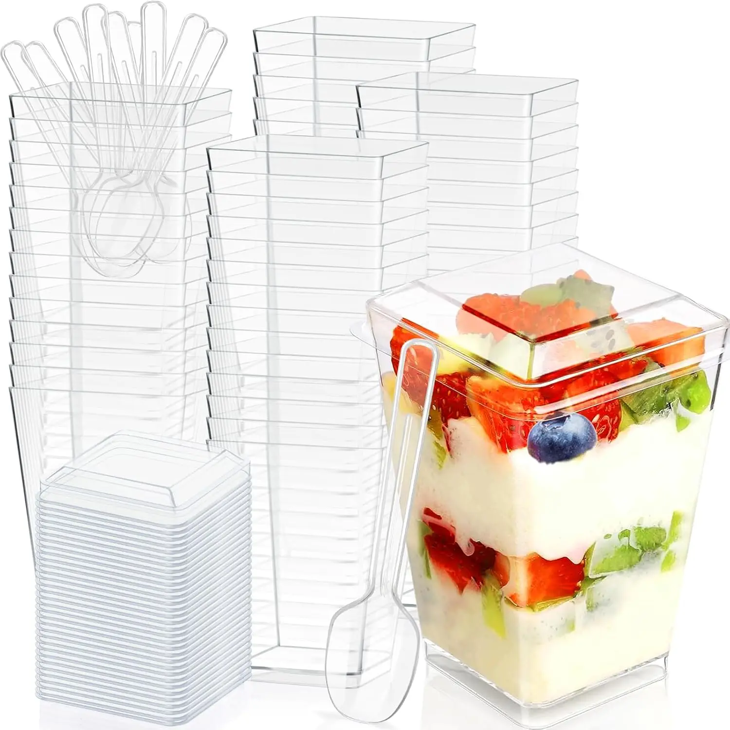 

100 упаковок пластиковых десертных стаканчиков на 5 унций с крышками и ложками