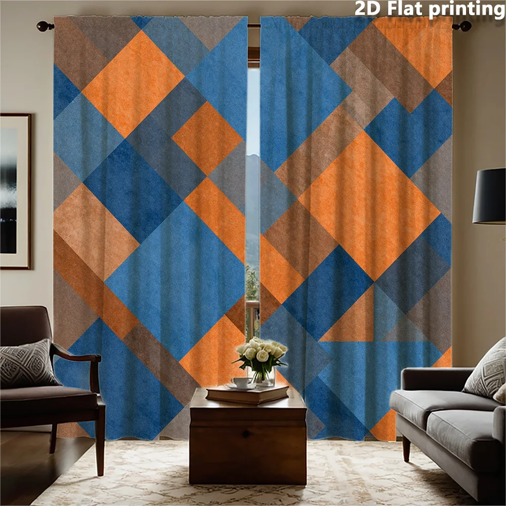 Modern Geometric Abstract Curtains for Living Room Navy Blue Orange Diamond Pattern Window Dressing Curtains Curtain Panels Indo