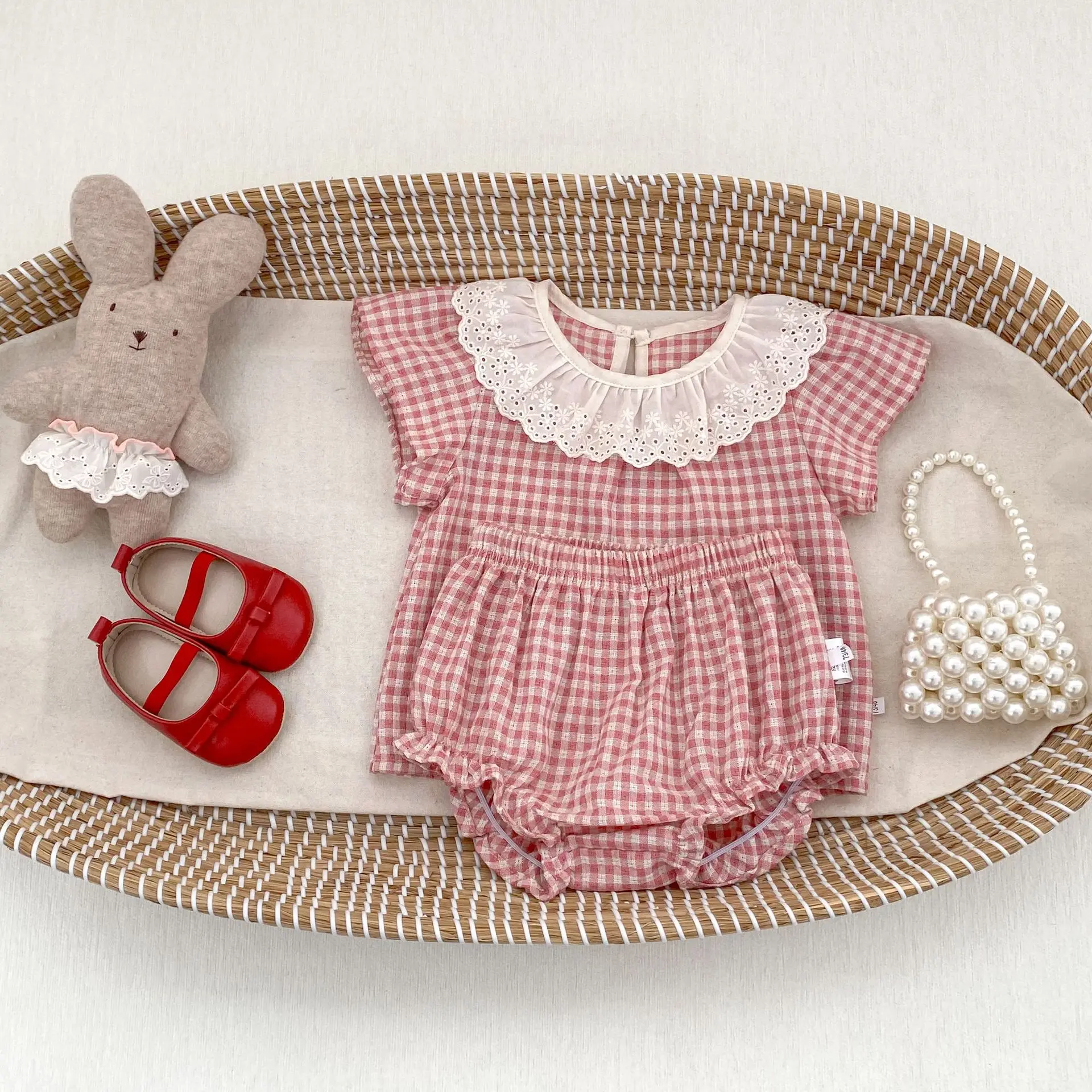 2026 Summer New Baby Short Sleeve Clothes Set Girls Sweet Lace Collar Plaid Tops + Shorts 2pcs Suit Infant Thin Cotton Outfits