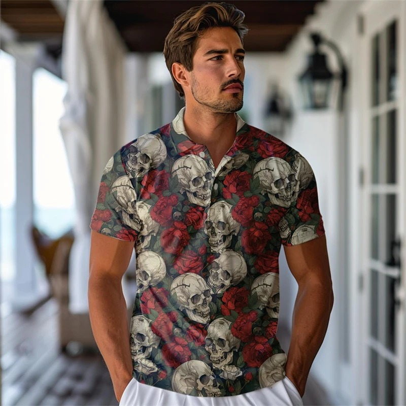 メンズ3Dホラースカルプリントポロシャツ,半袖トップス,ゴシックスケルトン,花柄,ハワイアン服,y2kファッション