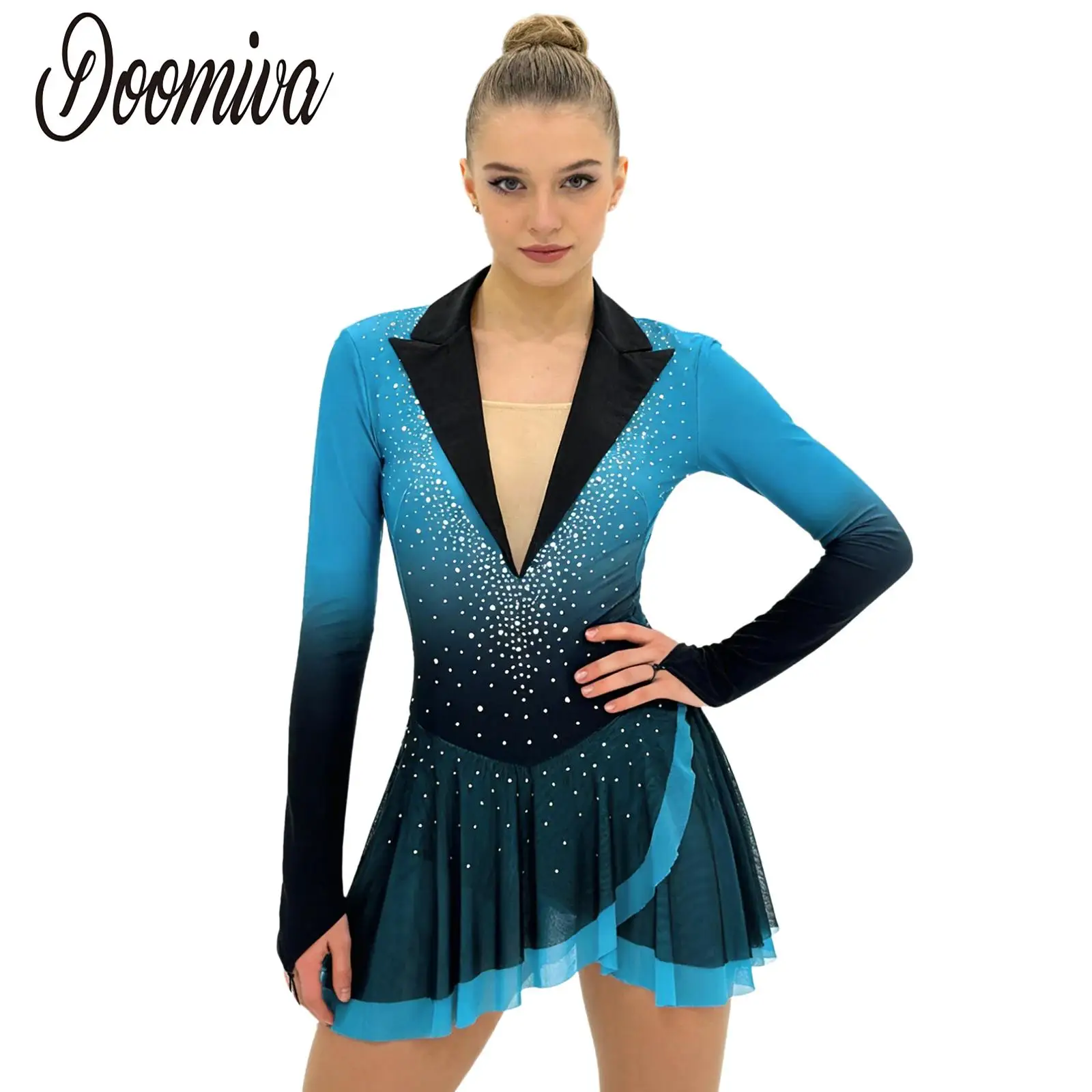 

Women Figure Skating Modern Dance Performance Costume Lyrical Gymnastics Ballet Dress Long Sleeve Backless Leotards Mesh Skirted