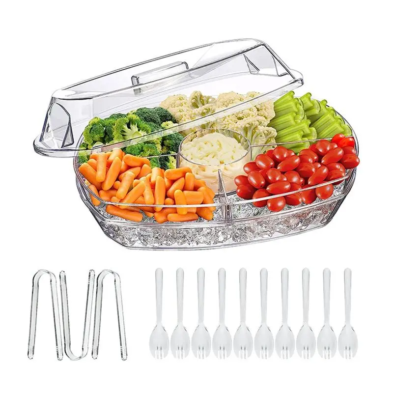 AC88-Chilled Serving Platters Chilled Veggie Tray With Lid For Shrimp, Fruits, Vegetables Appetizer Fruit Snack Tray