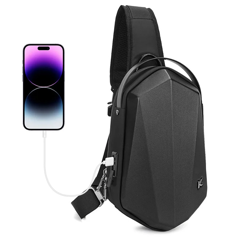 Hard Shell EVA Men\'s Bag Shoulder Bag Anti-theft Waterproof Male Crossbody Bag Casual Short Trip Chest Pack USB Charging