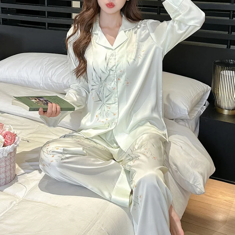 

Female Pajamas Set Print Flower Longh Sleeve Trouser Suits Chinese Style Sleepwear Loose Casual Satin Home Clothes Home Wear