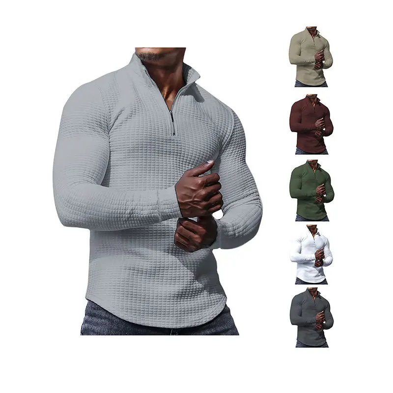 Men's spring and autumn small checkered sweater stand-up collar half-section zipper long-sleeved jacquard men's tops are trendy