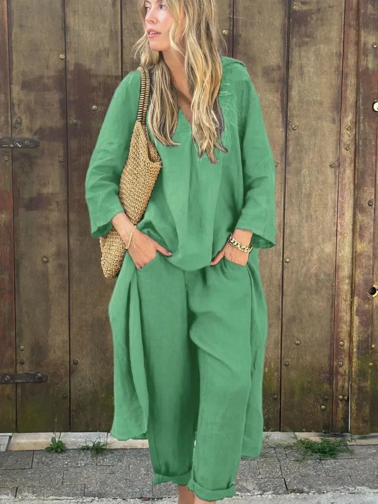 

2025 Summer Fashion New Women's Cotton and Hemp Set Loose V-neck Long Top High Waist Wide Leg Pants Two Piece Set