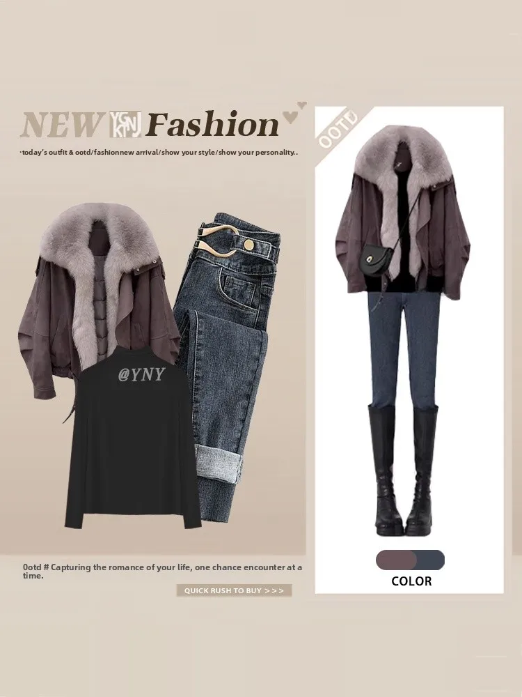 

Sweet Cool Street Brown Sweater Cotton Jacket Slimming Jeans Women Winter Fashion Gentle Wind Two-piece Set Long Sleeve Pure ...