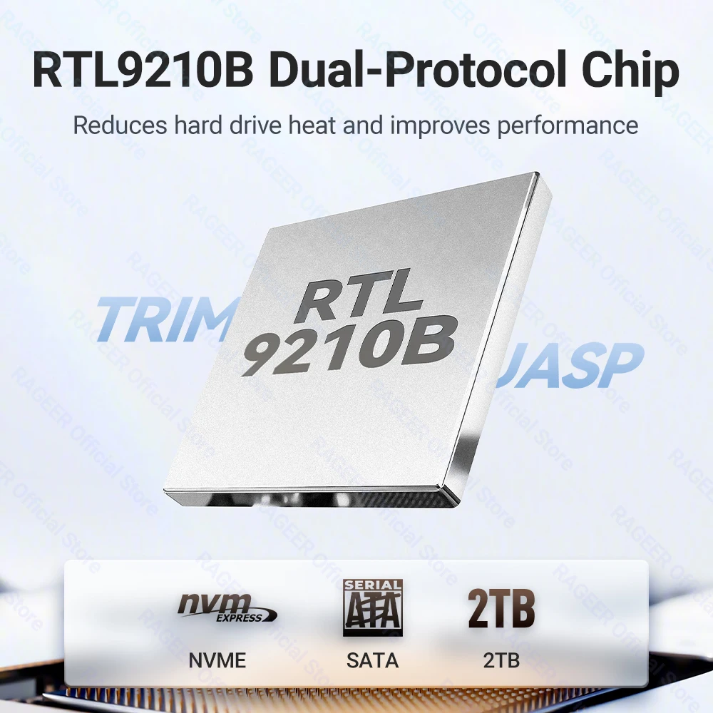 RAGEER 10Gbps M.2 SSD Enclosure - Mendukung NVMe/SATA 2230-2280 Chip RTL9210B Mendukung SSD 2TB Maks Mendukung USB-A+USB-C