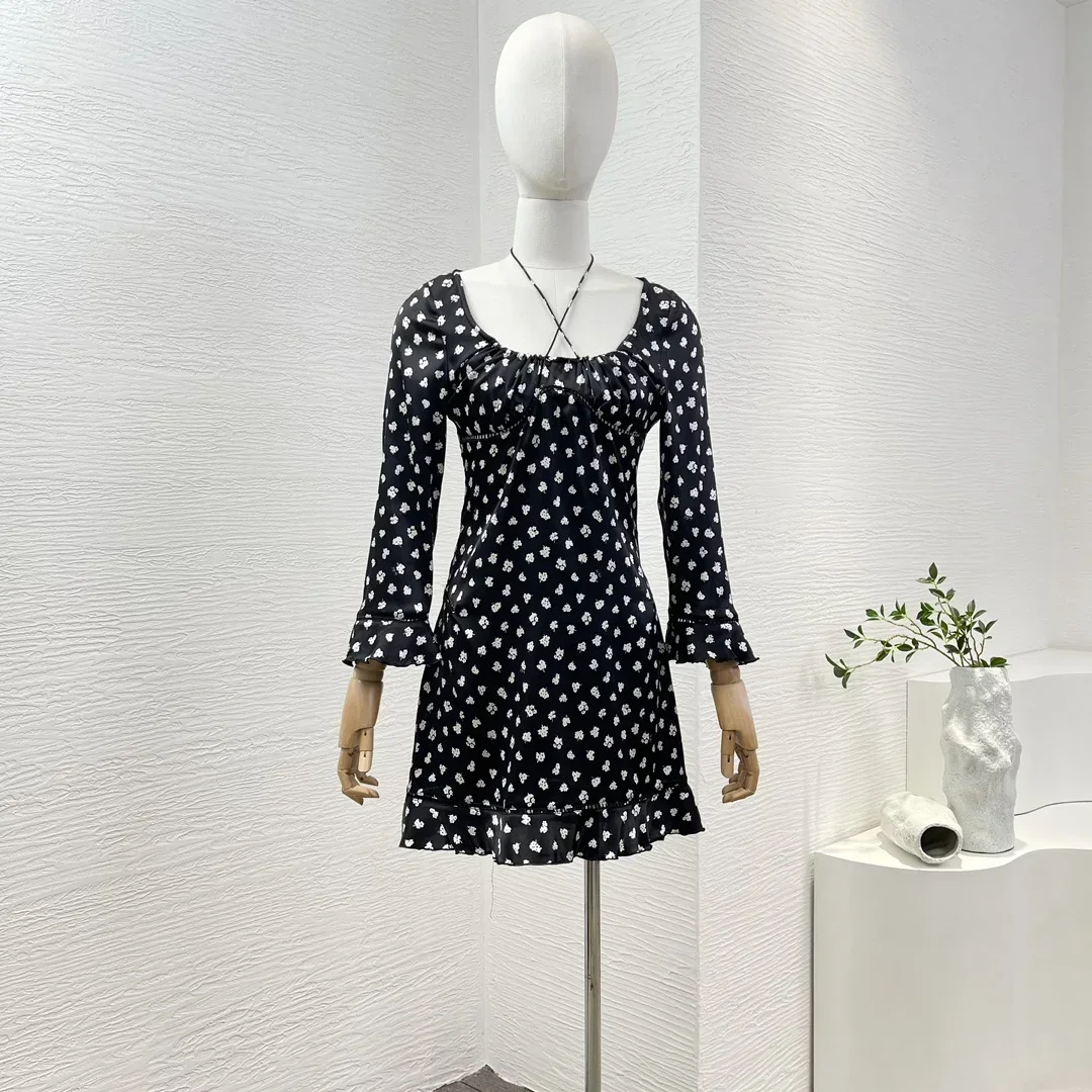 Black White Little Floral Print 2024 Spring Summer Elelgant Hotsweet Long Sleeve Pullover Tops Halter Self Bow Tie Mini Dress