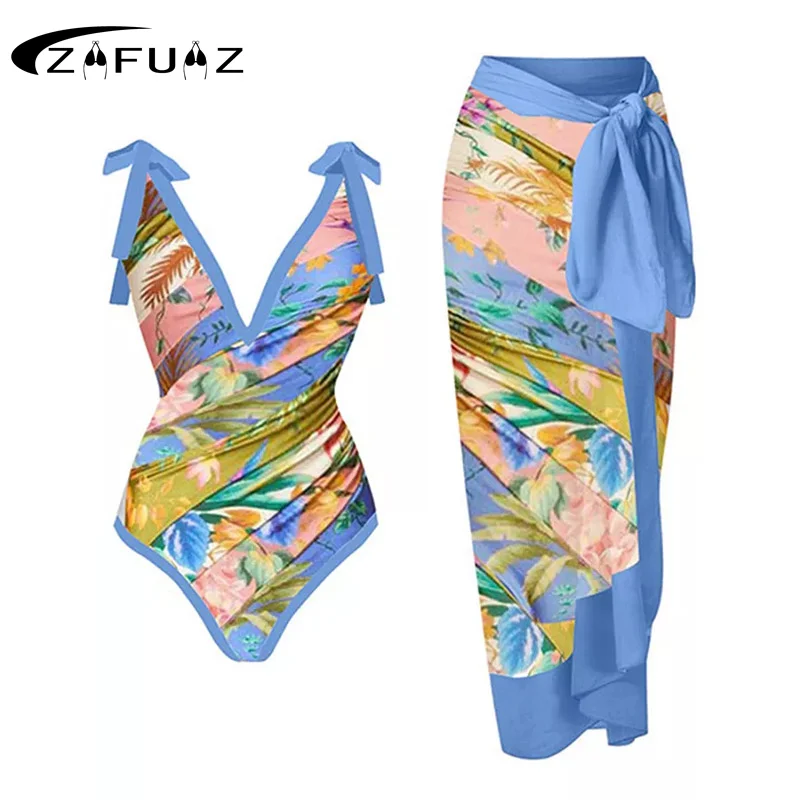 ZAFUAZ 2024 Vintage Women Sexy One Piece Swimsuit Designer Bathing Suit Beach Dress Cover Up Ruched Swimwear Summer Beachwear