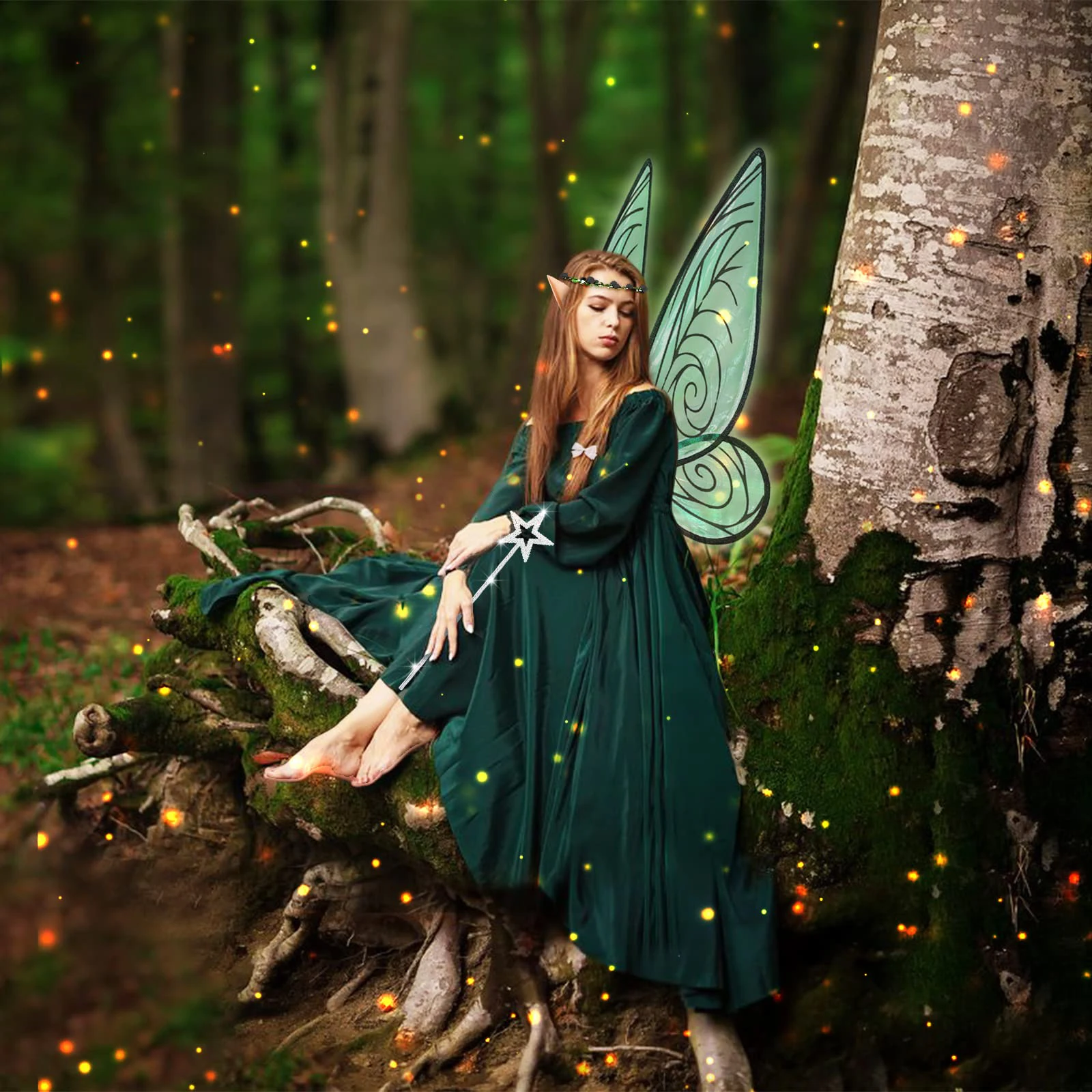 Fairy Costume Accessories Sparkling Butterfly Wings Birthday Halloween Costume Fairy Accessories Flower Crown Wand with Elf Ears