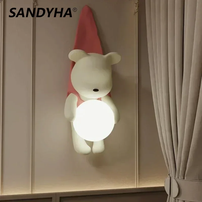 SANDYHA Modern Resin Wall Lamp for Bedroom Bedside Led Lamp Cute Little Bear Design Children's Room Decoration Lighting Fixtures