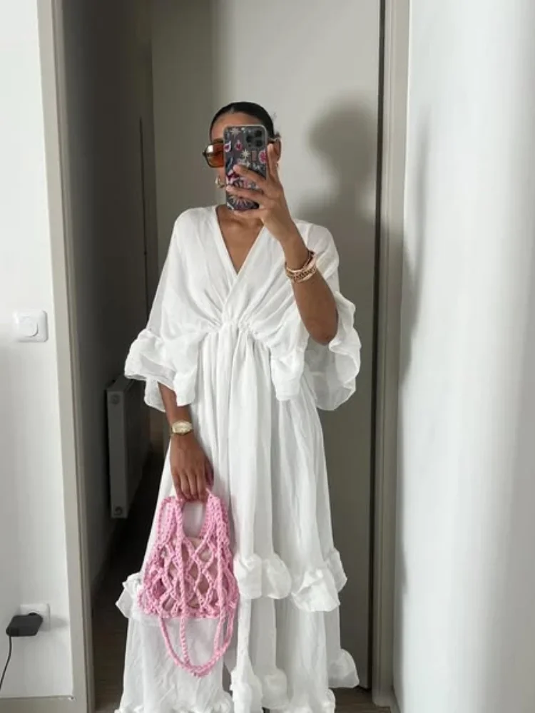 Mulheres cintura alta manga cheia a linha vestido longo branco decote em v chiffon em camadas babados maxi vestidos de verão senhora high street robes