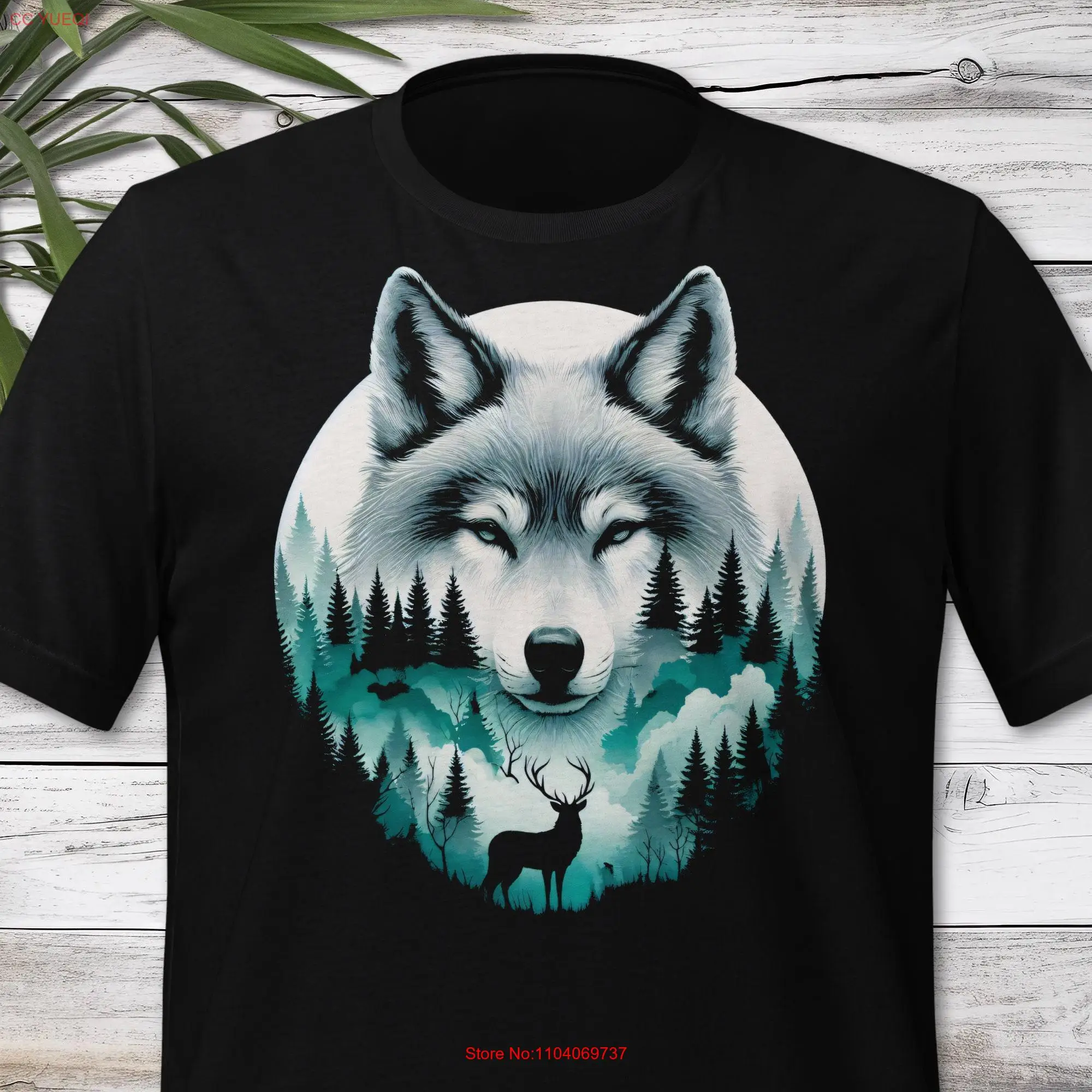 Wolf T shirt with forest backdrop long or short sleeves