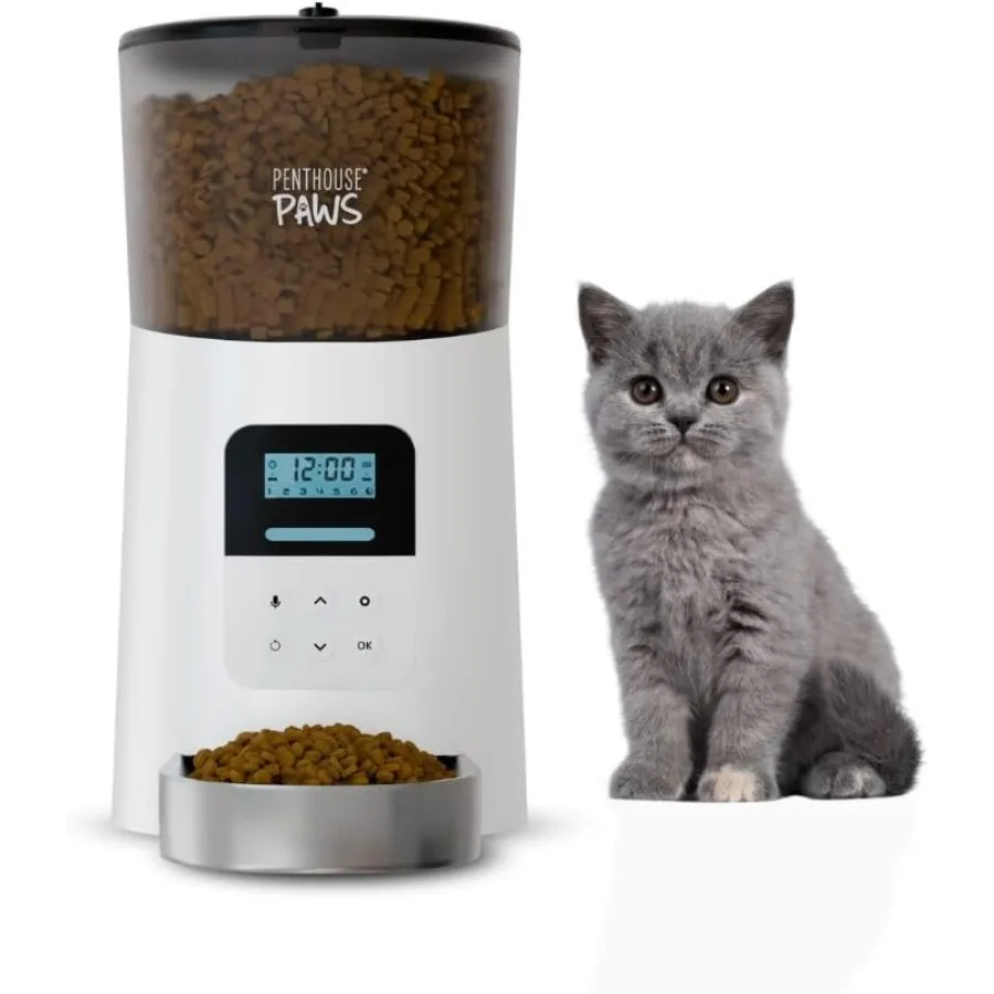 

Автоматическая кормушка для кошек с ЖК-дисплеем, поворотным замком, защитой от застревания, голосовым оповещением о корме, резервным аккумулятором и миской из нержавеющей стали для кошек и собак (до...).