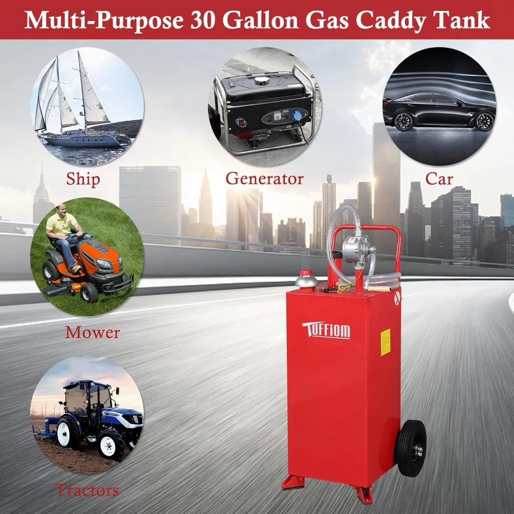 30 Gallon Gas Caddy With Wheels, Fuel Transfer Tank Gasoline Diesel Can Reversible Rotary Hand Siphon Pump