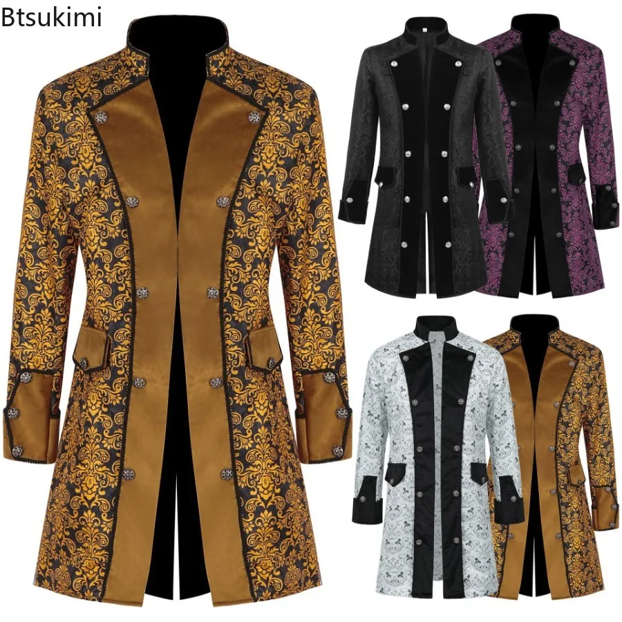 New 2026 Men's Steampunk Vintage Uniform Stand-up Collar Jacquard Victorian Jacketcoats Medieval Gothic Tuxedo Cosplay Costume