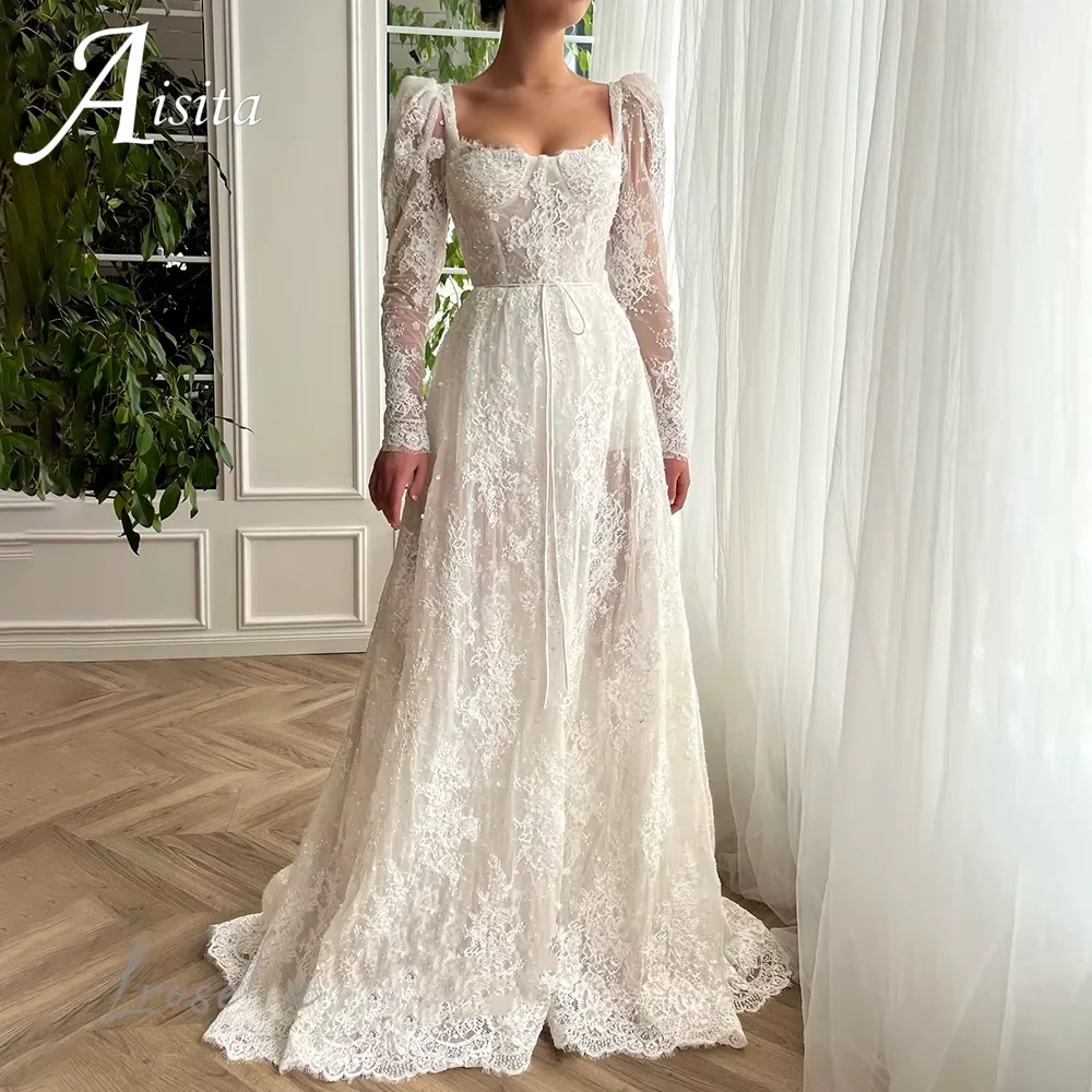 

A Line Wedding Dress Customized Square Collar Floor Length Bohemian Appliques Bride Dress Long Wedding Gowns Long Sleeves 2025