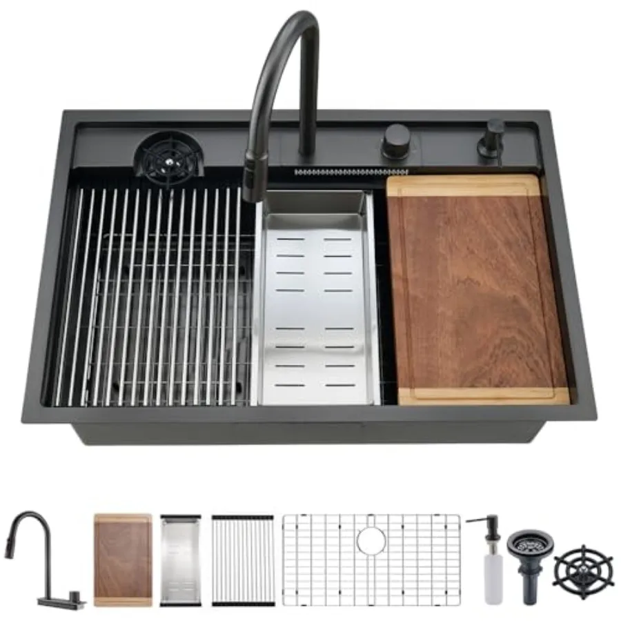 

Кухонная раковина-водопад 33 Black Drop In Workstation с краном и омывателем для стаканов, из черной нержавеющей стали 16 калибра, многофункциональная