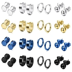 1 pairs Punk Hip-Hop Stylish Stainless Steel Hoop Earrings for Men Women Trendy Ear Piercing Jewelry Set with Studs and Hoops
