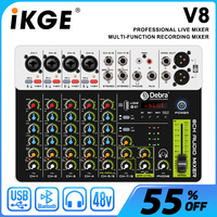 V8 Audio Interface Mixer, DJ Console with Bluetooth 5.0 Phantom Power Delay Replay Effect for Mixing Desk Computer Recording