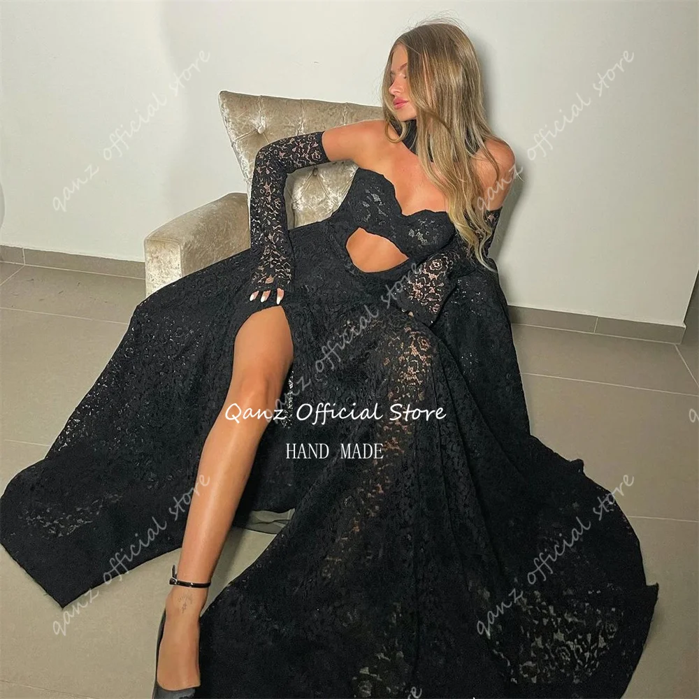 Qanz Luxury Lace Evening Dresses Woman Elegant 2024 Hgh Slit Black Detachable Long Sleeves Corset Back Long Party Dresses New