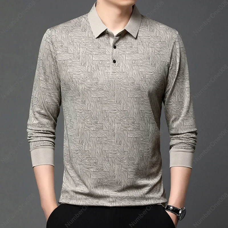 New Autumn Long-sleeved Polo Shirt Men's T-shirt Casual Fashion Printing Maze Map Versatile Lapel Men's T-shirt Wholesale