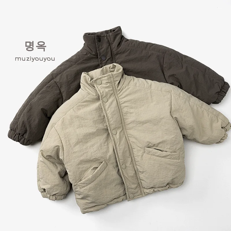 2025 Winter New Children Warm Coat Solid Boys Girls Plus Velvet Thick Cotton Padded Jacket Baby Warm Fleece Windproof Coat