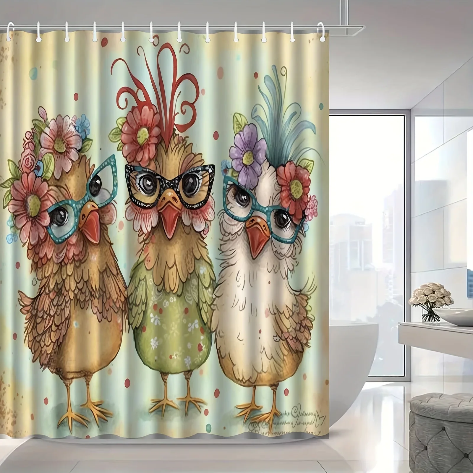 Cute Cartoon Chick Friends Shower Curtain Bathroom Decor Funny Bird Family Shower Curtain for Kids Bathroom