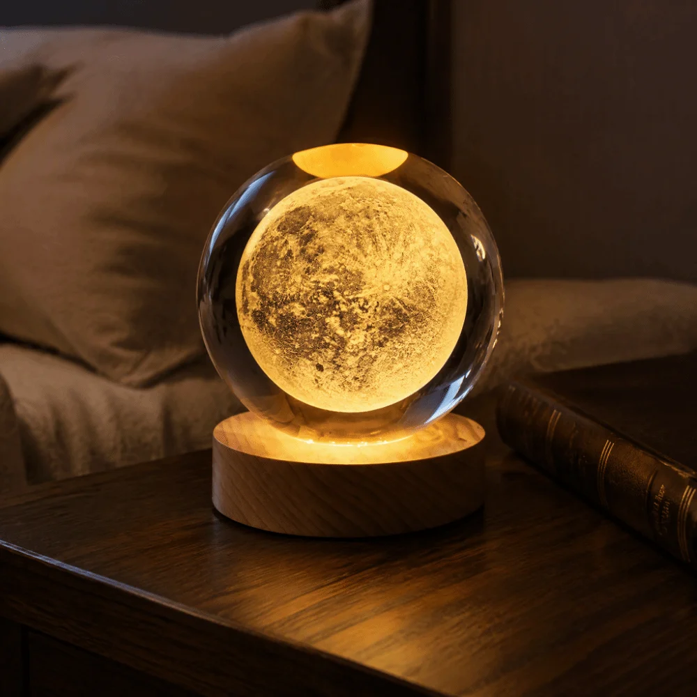 Moon Crystal Ball Light Clear Pattern USB Powered Night Light Wooden Base 3D Engraving Technology LED Night Light Birthday Gift