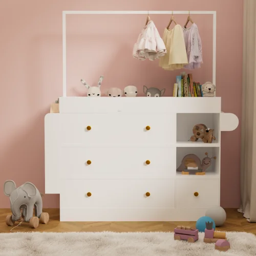 

Modern Eco-Friendly & Durable Baby Dressing & Changing Table With 3 Deep Drawers Storage Shelves Hangers Foldable Design