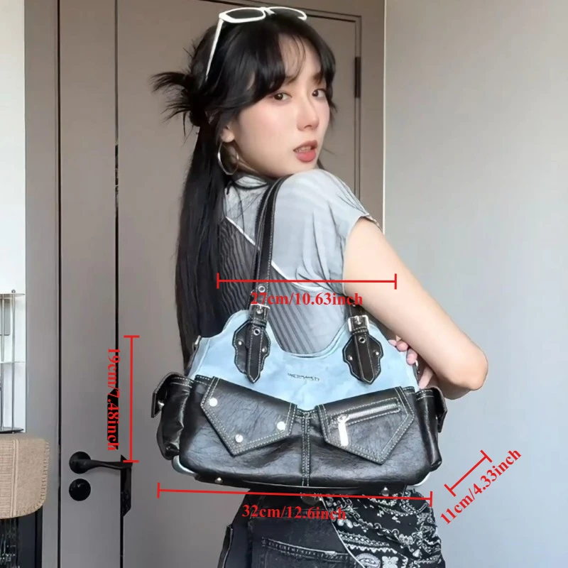 1pcs Womens Niche Design Vintage Color Block Denim Patchwork Shoulder Underarm Handbag Crossbody Bag