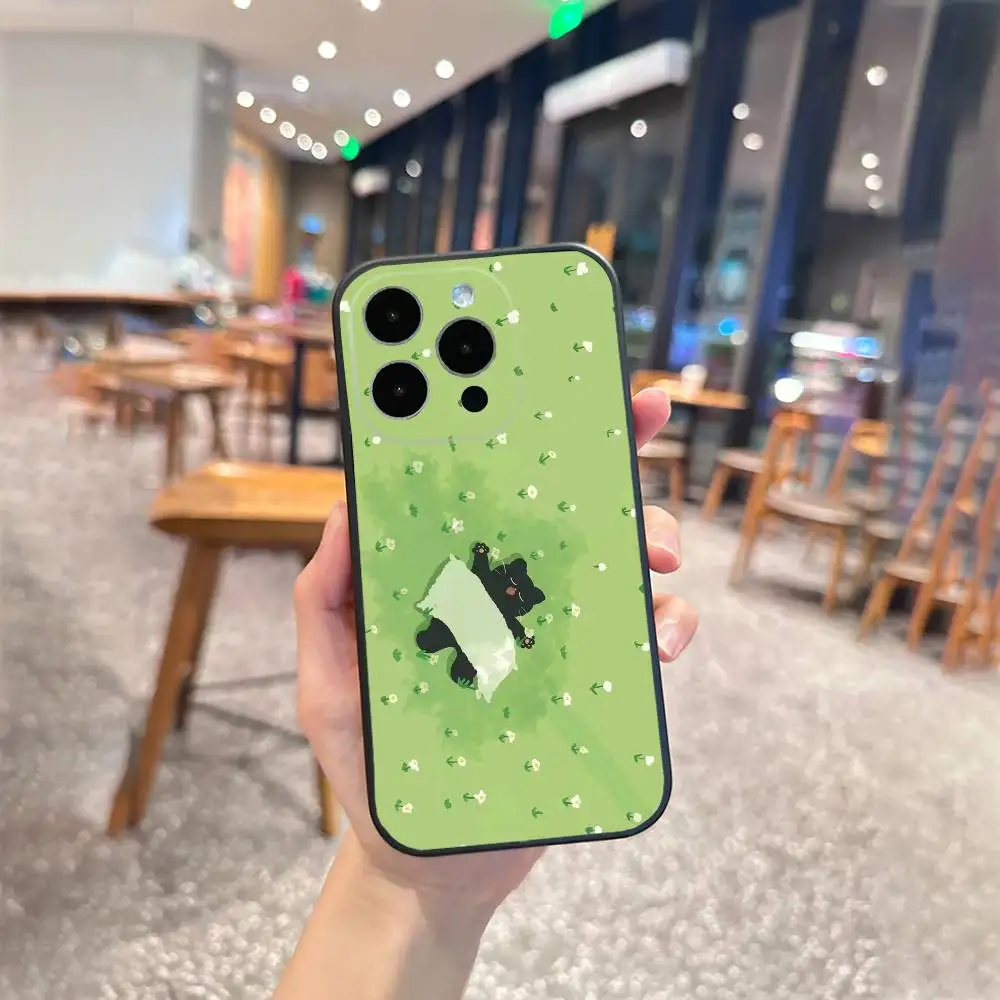 เคสโทรศัพท์ลายแมวสีดำฟรี สำหรับ iPhone 16,15,14,13,12,17,Pro Max,Plus  วัสดุซิลิโคนสีดำ