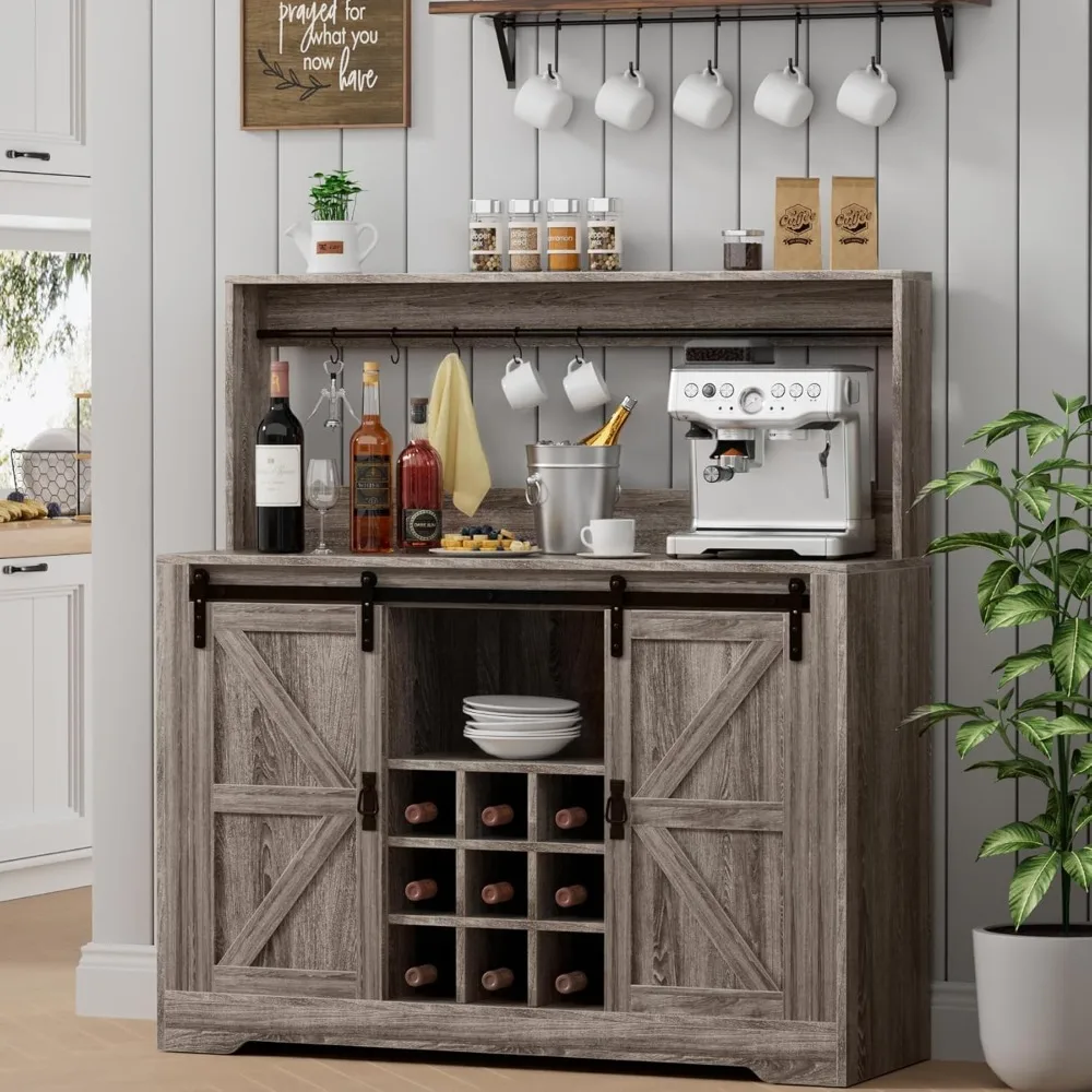 

Coffee Bar Cabinet, 47" Farmhouse Sideboard Buffet Cabinet with Sliding Barn Door, Wine Rack & 6 Hooks, Wine Bar Cabinet for Hom