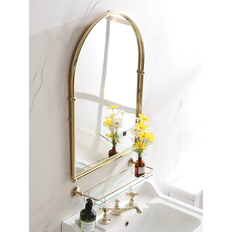 Customized Scenery Retro Brass Arched Intelligent Bathroom Mirror Gold Bathroom Wall Hanging Luminous Mirror French Dressing Tab