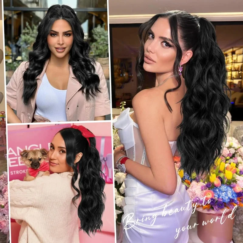 Synthetic Ponytail Extension,Drawstring Ponytail Hair Extensions Black Long Curly Wave Ponytail For Women