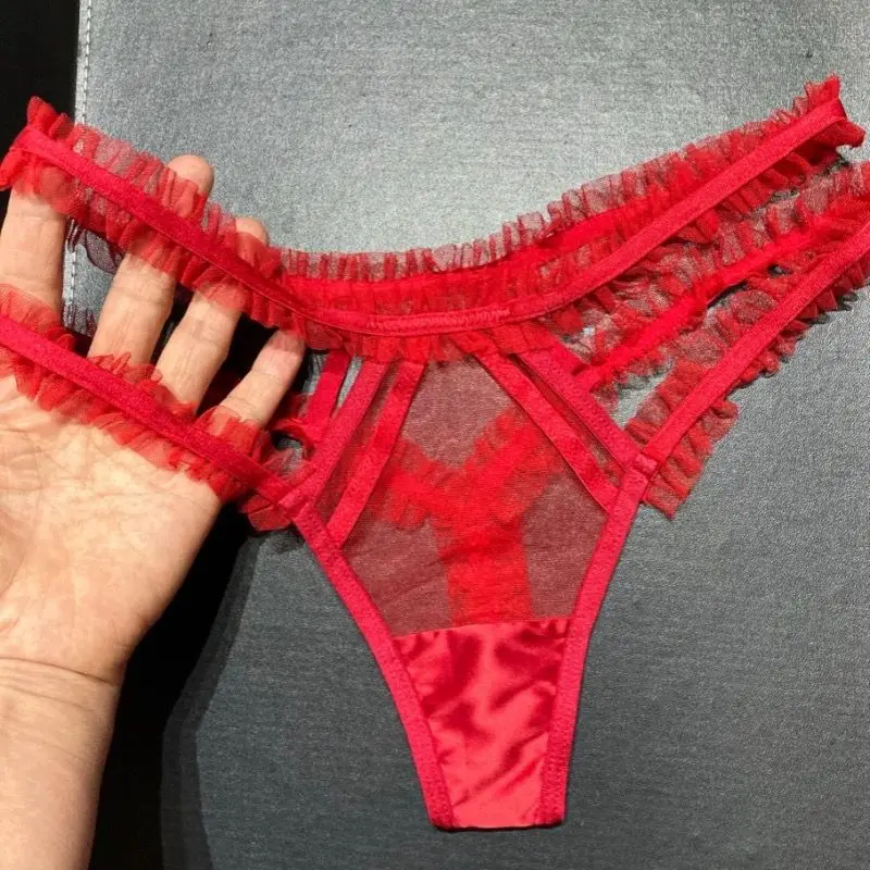 Sexy Panties Open Crotch Low Waist Thong Women's Ultra-Thin See Through T-Pants Couple Erotic Lace Hollow Underwear FKK Party