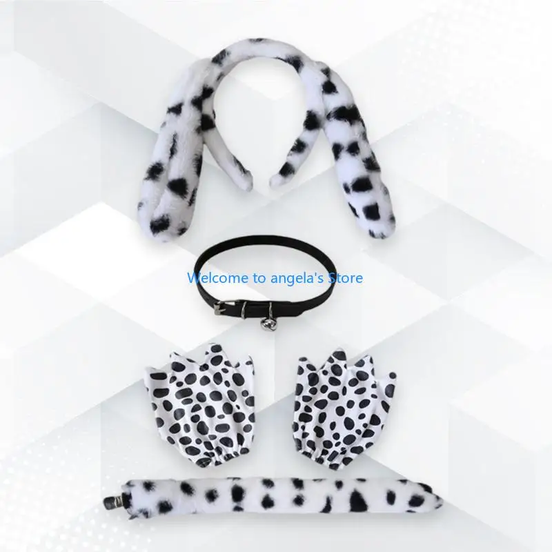 X4YC 4PCS DALMATIAN PUPPY KOSTUUM SETE HOOFDBAND TAIL BELLS KHOKERSTADE VOOR KINDEREN Halloween Christmas Animal Cosplay