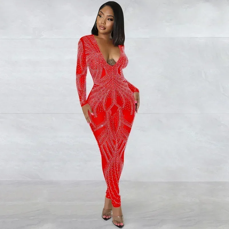 GUWU Hot Rhinestones Women Long Sleeve Deep V-neck Bodycon Skinny Jumpsuit 2024 Sexy Club Party Prom Diamonds Long Pants